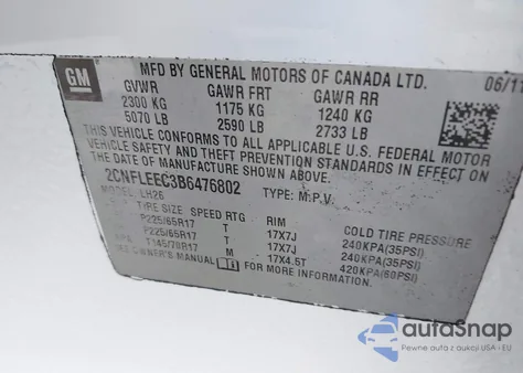 2011 Chevrolet Equinox 1Lt из США, поврежденный, VIN 2CNFLEEC3B6476802